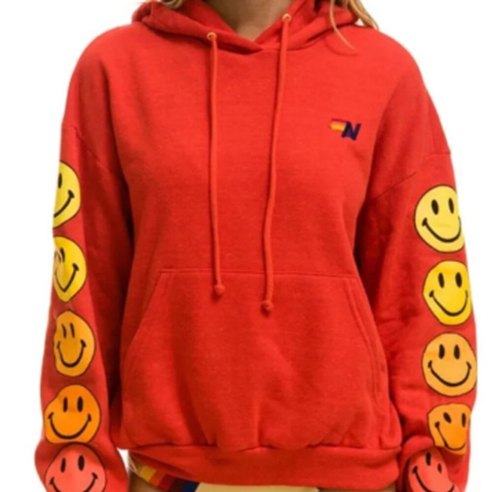 Aviator Nation smiley face sleeve long sleeve hooded sweatshirt